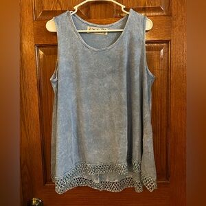 M Rena Large Sleeveless Blue Top Hi Low Crochet Trim